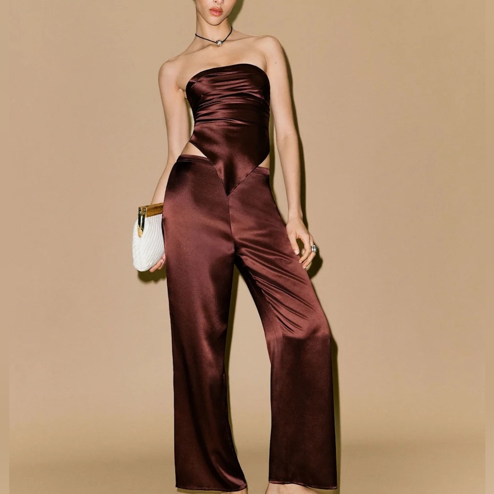 Reformation Marisol Silk Two Piece Brown - Size XS